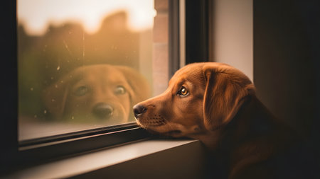 A golden-brown dog rests its chin on a window sill, looking out with longing eyes. The reflection of the dog's face is visible in the glass against a soft, warm sunset background.の素材