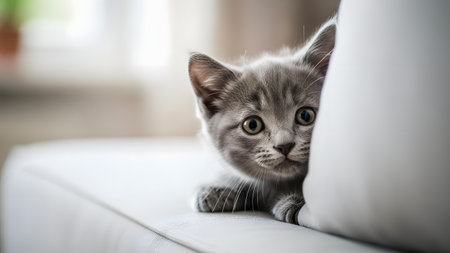 A cute grey kitten playfully peeks out from behind a white sofa cushion with wide, curious eyes. The close-up shot captures the fluffy texture and adorable expression of the young pet in a home setting.の素材