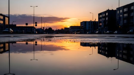 A low-angle shot of an urban street at sunset, capturing the reflection of the warm sky and city silhouette in a large rain puddle. The scene contrasts the dark pavement with the vibrant orange hues of dusk.の素材