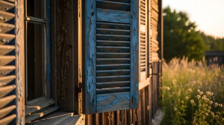 An old rustic wooden window with peeling blue paint on the shutters opens up to a view of a sunlit field at golden hour. The weathered texture of the wood contrasts with the warm soft light of the evening.の素材