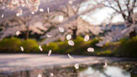A dreamy scene of pink cherry blossom petals falling gently against a soft, blurred background of blooming trees. The warm lighting and floating petals evoke a sense of spring romance and fleeting beauty.の素材