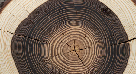A close-up view of a tree log cross-section reveals the intricate pattern of annual growth rings and natural cracks. The texture shows the contrast between the dark heartwood and lighter sapwood.の素材