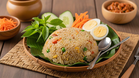 A dome-shaped serving of Nasi Goreng fried rice presented on a banana leaf. The dish is garnished with sliced boiled egg, cucumber, carrots, and fresh basil, served on a woven plate atop a wooden table.の素材