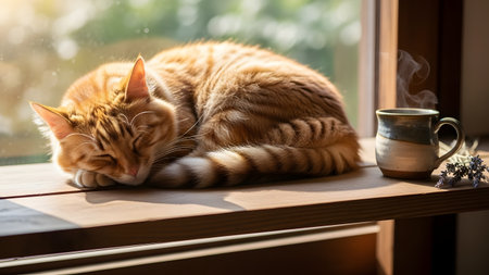 A fluffy ginger cat sleeps peacefully on a sunlit wooden windowsill next to a steaming ceramic mug and a sprig of lavender. The warm morning light creates a cozy and serene atmosphere, perfect for relaxation.の素材