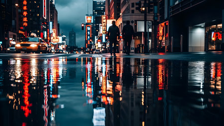 A moody urban street scene at night featuring wet asphalt reflecting neon city lights. A yellow taxi drives on the left while pedestrians walk with umbrellas in the distance, creating a cinematic atmosphere.の素材