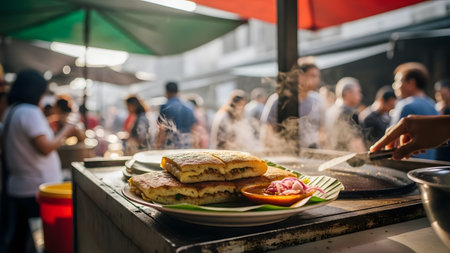 A plate of savory Martabak Telur, a stuffed pancake, sits on a stall counter with pickled sides and sauce. The background features a bustling street market scene with smoke and people blurring into the atmosphere.の素材