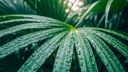 A close-up shot of a lush green palm leaf covered in fresh rain droplets. The wet surface reflects the light, highlighting the intricate texture and veins of the foliage in a tropical environment.の素材