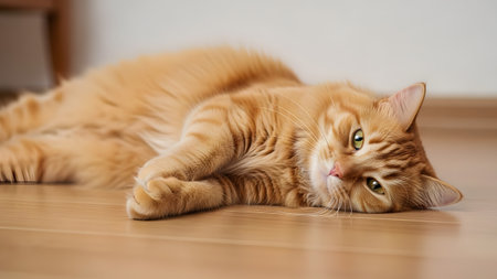 A cute orange tabby cat lies comfortably on a wooden floor gazing directly at the camera with soft eyes. The warm natural lighting highlights the texture of its ginger fur creating a cozy and relaxed domestic atmosphere.の素材