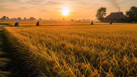 A breathtaking golden rice field landscape at sunset with farmers harvesting crops in the distance. A traditional thatched-roof hut stands near a smoking fire, capturing the serene and hardworking atmosphere of rural agricultural life.の素材