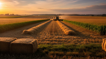 A large combine harvester works through a vast golden wheat field during a stunning sunset. The machine leaves neat rows of harvested crop and straw bales in its wake, symbolizing the abundance of the harvest season in an agricultural landscape.の素材