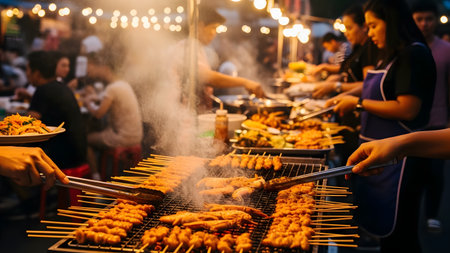 Skewers of satay meat grilling over hot charcoal at a busy night market. Smoke rises from the grill as vendors prepare the savory Asian street food under the warm glow of string lights.の素材