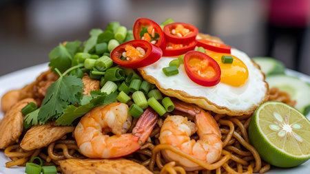 A delicious plate of Mie Goreng, Indonesian fried noodles, is served with prawns, chicken, and a sunny-side-up egg. The dish is garnished with fresh spring onions, red chili slices, and a wedge of lime.の素材