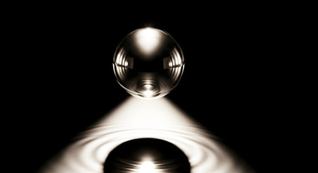 An abstract, high-contrast shot features a perfectly formed, reflective **water droplet** suspended above a liquid surface, where its impact creates crisp, concentric **ripples**. The dramatic illumination against a dark background suggests motion, purity, and scientific concepts.の素材