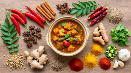 A flat lay composition features a bowl of rich **Indian chicken curry** surrounded by an array of fresh and powdered **spices**, including chili, coriander seeds, ginger, turmeric root, garlic, and star anise on a wooden surface. This arrangement emphasizes the key ingredients of Indian cuisine.の素材
