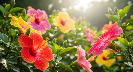 A vibrant cluster of hibiscus flowers in shades of red pink and yellow blooms in a sunny garden. Water droplets on the fresh petals glisten in the light against a blurred green background.の素材