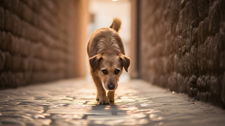A low-angle, shallow depth-of-field shot captures a small to medium-sized brown, shaggy dog walking directly towards the camera down a narrow, dimly lit alleyway paved with cobblestone. The warm, golden light from the distant street or sunset illuminates the stone walls and the dog's fur, giving the scene a moody, cinematic feel.の素材
