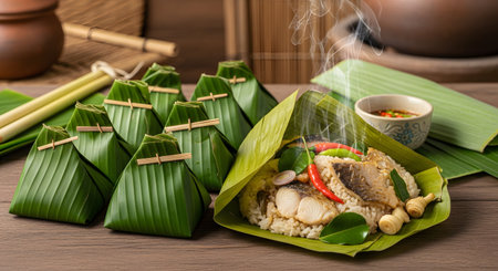 A traditional Vietnamese meal of **steamed rice with fish, herbs, and chili** is unwrapped from a **banana leaf (Banh tet or Xoi Ga style)**, showing steam rising from the hot food. A cluster of wrapped portions and a bowl of dipping sauce sit on a wooden table, emphasizing authentic Southeast Asian preparation.の素材
