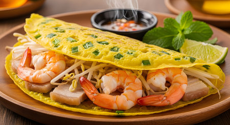 A Vietnamese Banh Xeo (sizzling savory crepe) is served on a wooden plate, folded over a generous filling of whole pink shrimp, sliced pork belly, and crisp bean sprouts. The bright yellow turmeric crepe is garnished with mint and a lime wedge, accompanied by a small bowl of traditional dipping sauce.の素材