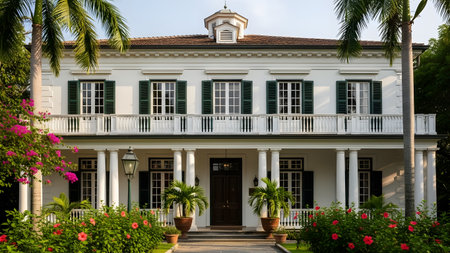 A grand, two-story plantation-style mansion features a white facade, a covered balcony supported by classic white columns, and dark green louvered shutters on the windows. Lush tropical landscaping, including palm trees and pink hibiscus flowers, frames the imposing residence.の素材