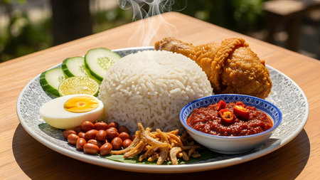 A complete serving of **Nasi Lemak** (Malaysia's national dish) features a mound of coconut rice, a crispy **fried chicken drumstick**, a hard-boiled egg slice, peanuts, fried anchovies (Ikan Bilis), sliced cucumber, and a bowl of spicy **sambal chili sauce**. The dish is authentically presented on a banana leaf liner atop a patterned plate.の素材