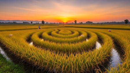A unique, artistic rice paddy field is captured at sunset, showing the mature, golden rice stalks planted in a distinctive circular, spiral pattern with standing water reflecting the warm light. Several traditional farmers wearing conical hats are working the field in the distance, suggesting agricultural art or tradition.の素材