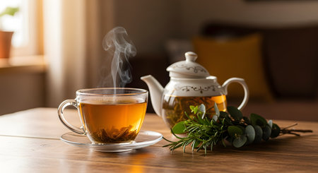 A clear glass cup of steaming **herbal tea** sits next to a porcelain teapot, both resting on a wooden table, with fresh sprigs of **rosemary and eucalyptus** nearby. The warm light filtering from the background creates a cozy, wellness, and healthy living atmosphere.の素材