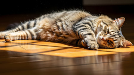 A cute, striped **tabby cat** is lying peacefully, half-asleep, stretched out on a wooden floor, basking in a strong, warm beam of natural sunlight. The strong light and shadow contrast emphasize the animal's relaxation and the warmth of the sun.の素材