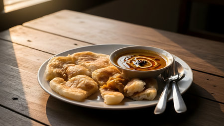 A plate of **Roti Canai** (flaky flatbread), torn into pieces, is served with a small bowl of savory yellow curry for dipping on a rustic wooden table. The dish is bathed in warm, directional sunlight, highlighting the texture of the bread and the rich color of the Malaysian or Indian curry.の素材
