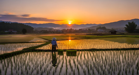 A lone **Vietnamese farmer** wearing a **conical hat (non la)** is planting rice seedlings in a flooded terraced paddy field, silhouetted against a dramatic, golden **sunset or sunrise**. The reflections in the water and the surrounding mountains create a stunning and serene agricultural landscape.の素材