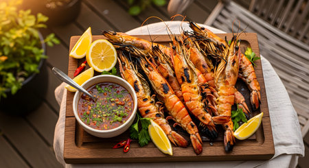 A platter of perfectly **grilled giant prawns** or shrimp, showcasing their orange-charred shells, is served on a wooden board with lemon wedges and a small bowl of spicy, herb-filled **Thai seafood dipping sauce**. The setting is a cozy outdoor deck with warm sunlight.の素材