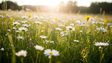 A vibrant, sunlit meadow is filled with blooming white daisies and tall green grasses, with scattered yellow and purple wildflowers adding color. The warm, bright sunlight shines directly into the lens, creating a beautiful lens flare and a cheerful, summery atmosphere.の素材