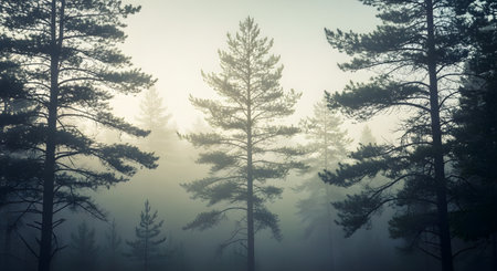 A moody, atmospheric scene of a dense pine forest shrouded in thick mist or fog, with the silhouetted shapes of tall trees fading into the pale background. The low light and cool tones create a quiet, mysterious, and tranquil wilderness landscape.の素材