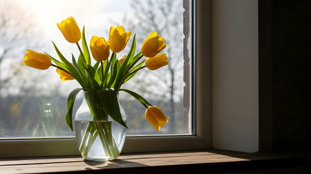 A clear glass vase holding a bouquet of bright yellow tulips, some with dew drops, sits on a dark wooden windowsill, bathed in soft morning sunlight. The window background is blurred, focusing attention on the vibrant flowers and creating a warm, cozy, and refreshing interior scene.の素材
