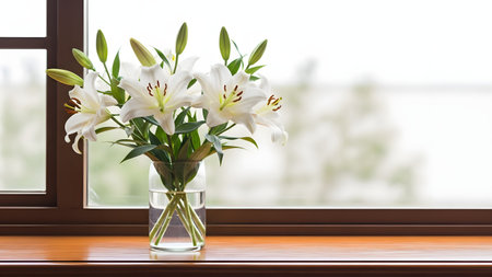 A clear glass vase holding a fresh bouquet of white Oriental lilies, some still budding, sits on a polished wooden windowsill. The bright, soft, diffused light from the large window in the background creates a clean, peaceful atmosphere, emphasizing simplicity and natural beauty.の素材