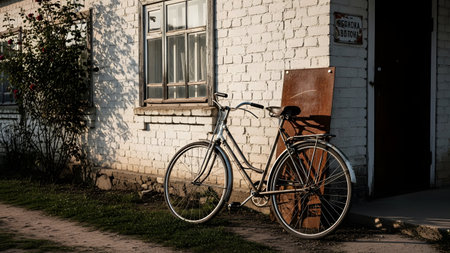 A vintage bicycle with a carrier rack leans against the corner of an old, sun-drenched white brick building next to a boarded-up window. The scene has a rustic, nostalgic feel, highlighting the contrast between the worn-out structure and the simple, classic form of the bike.の素材