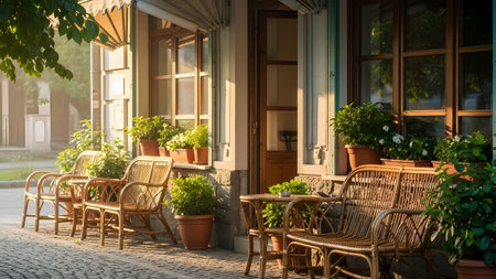 A quaint European cafe terrace, bathed in warm afternoon sunlight, features several sets of light rattan tables and chairs arranged on a cobbled sidewalk outside a storefront with large windows. The scene is decorated with numerous potted green plants, creating an inviting, idyllic, and relaxed outdoor dining atmosphere.の素材