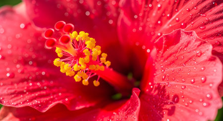 An extreme macro close-up captures the intricate details of a vibrant red hibiscus flower, showing the prominent yellow stamen and pistil covered in glistening water droplets. The image highlights the floral anatomy, texture, and deep, saturated color, suggesting tropical freshness.の素材