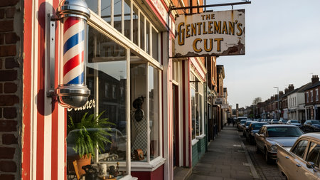 A classic, vintage barbershop storefront, featuring bold red and white striped paneling and a traditional spinning barber pole on the exterior. An old-fashioned, weathered sign reading 'The Gentleman's Cut' hangs above the window, overlooking a typical row of British terraced houses and parked cars.の素材