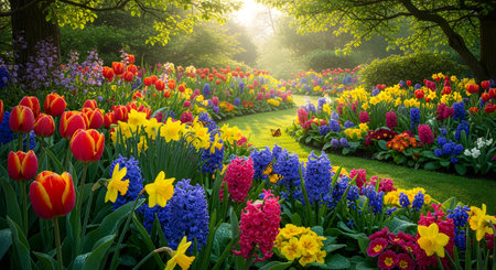A winding grassy path leads through a spectacular, densely planted spring garden bursting with a variety of vibrant, colorful flowers like red and yellow tulips, blue hyacinths, and pink primroses. The garden is bathed in warm sunlight, creating a cheerful, idyllic, and well-maintained landscape scene.の素材