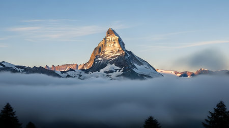 The iconic Matterhorn mountain peak rises majestically above a sea of clouds, illuminated by the warm glow of sunrise. The snow-capped summit stands in stark contrast to the soft mist below.の素材