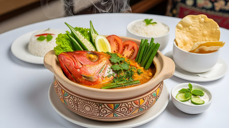 A serving of traditional Fish Head Curry presented in an ornate clay pot, garnished with okra and fresh coriander. The rich, spicy dish is accompanied by steamed rice and papadums, showcasing authentic Asian cuisine.の素材