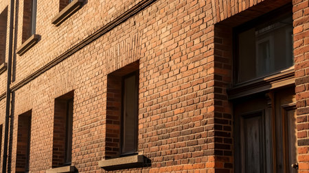 The facade of a classic red brick building features rectangular windows and a wooden door bathed in warm afternoon sunlight. The architectural details include textured brickwork and a shadow-casting drainpipe, suggesting an urban historical setting.の素材