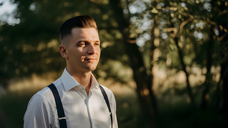 A portrait of a handsome young man wearing a white shirt and suspenders, standing outdoors during the golden hour. The warm sunset light illuminates his face as he looks away with a slight smile, creating a romantic and confident mood, suitable for wedding or fashion themes.の素材