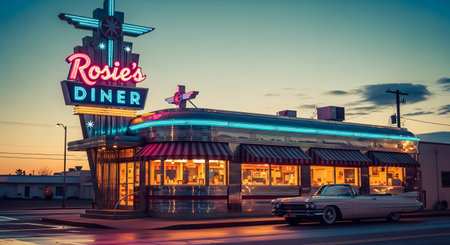 A classic American diner named 'Rosie's Diner' is captured at dusk, illuminated by a large, colorful neon sign and exterior lighting. A vintage Cadillac-style convertible is parked in front of the chrome-detailed building, creating a vibrant, nostalgic 1950s scene.の素材