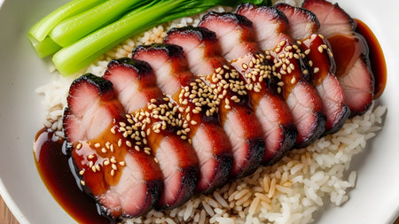 A delicious plate of Chinese BBQ pork, known as Char Siu, served over steamed rice with blanched bok choy. The tender slices of pork are glazed with a sweet and savory sauce and garnished with sesame seeds.の素材