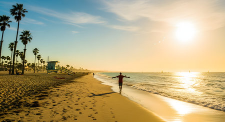 A vibrant sunny beach scene featuring tall palm trees and a classic lifeguard tower against a bright sky. A silhouette of a person stands on the sandy shore with arms outstretched, embracing the warmth and freedom of the ocean view.の素材