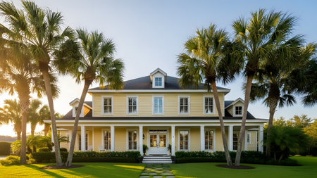 A magnificent yellow two-story house featuring a grand entrance and white columns, reminiscent of tropical colonial architecture. Tall palm trees flank the property, and a manicured green lawn completes the luxurious estate setting.の素材