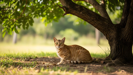 A ginger tabby cat sits alertly under a tree in a grassy park with dappled sunlight. The portrait captures the natural beauty and curiosity of the feline in an outdoor garden environment.の素材