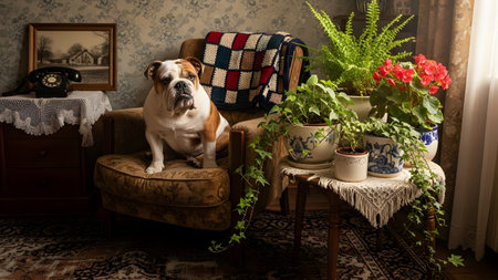 A sturdy English Bulldog sits on a vintage velvet armchair in a retro-styled living room. The scene is decorated with antique furniture, a rotary phone, potted plants, and an old photograph, evoking a nostalgic atmosphere.の素材