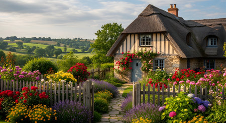 A picturesque traditional cottage with a thatched roof is surrounded by a vibrant garden full of blooming flowers. The idyllic countryside scene, set against rolling green hills, captures the charm of rural living.の素材